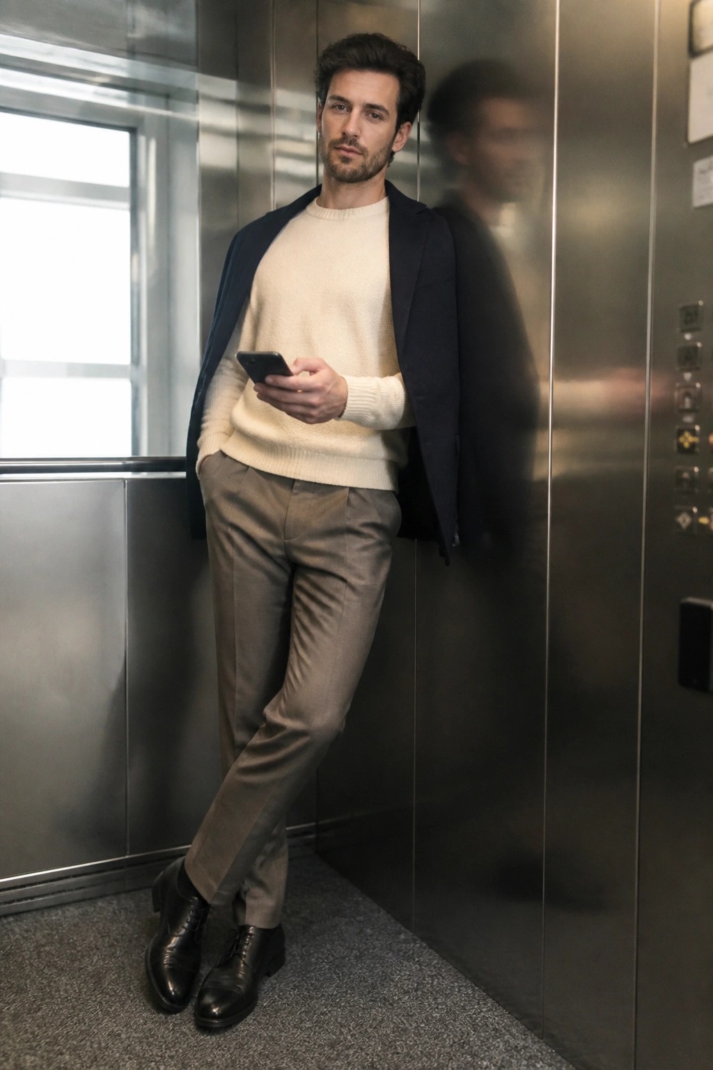 Man in cream sweater and navy blazer checking phone in elevator