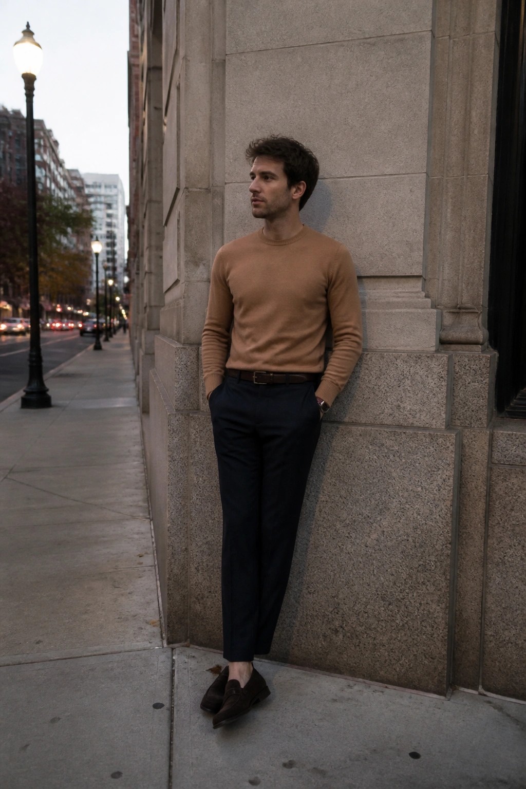 Man in tan sweater and navy pants leans against stone building on sidewalk.