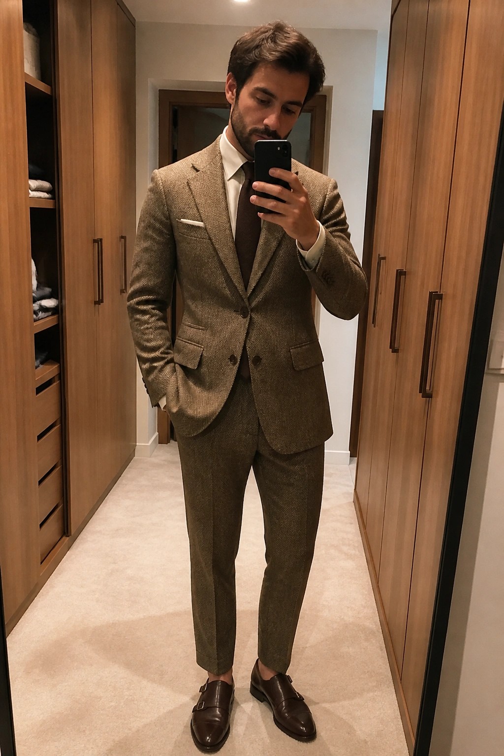Man in brown herringbone suit taking mirror selfie in walk-in closet