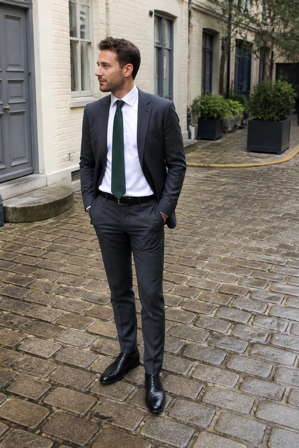 Man in gray suit and green tie stands on cobblestone street with hands in pockets