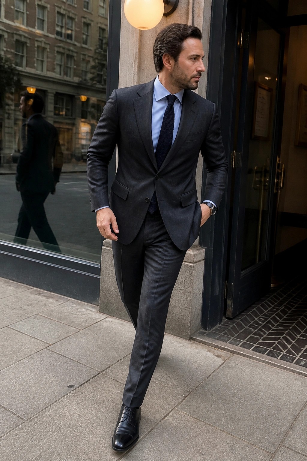Man in dark gray suit and light blue shirt outside building entrance