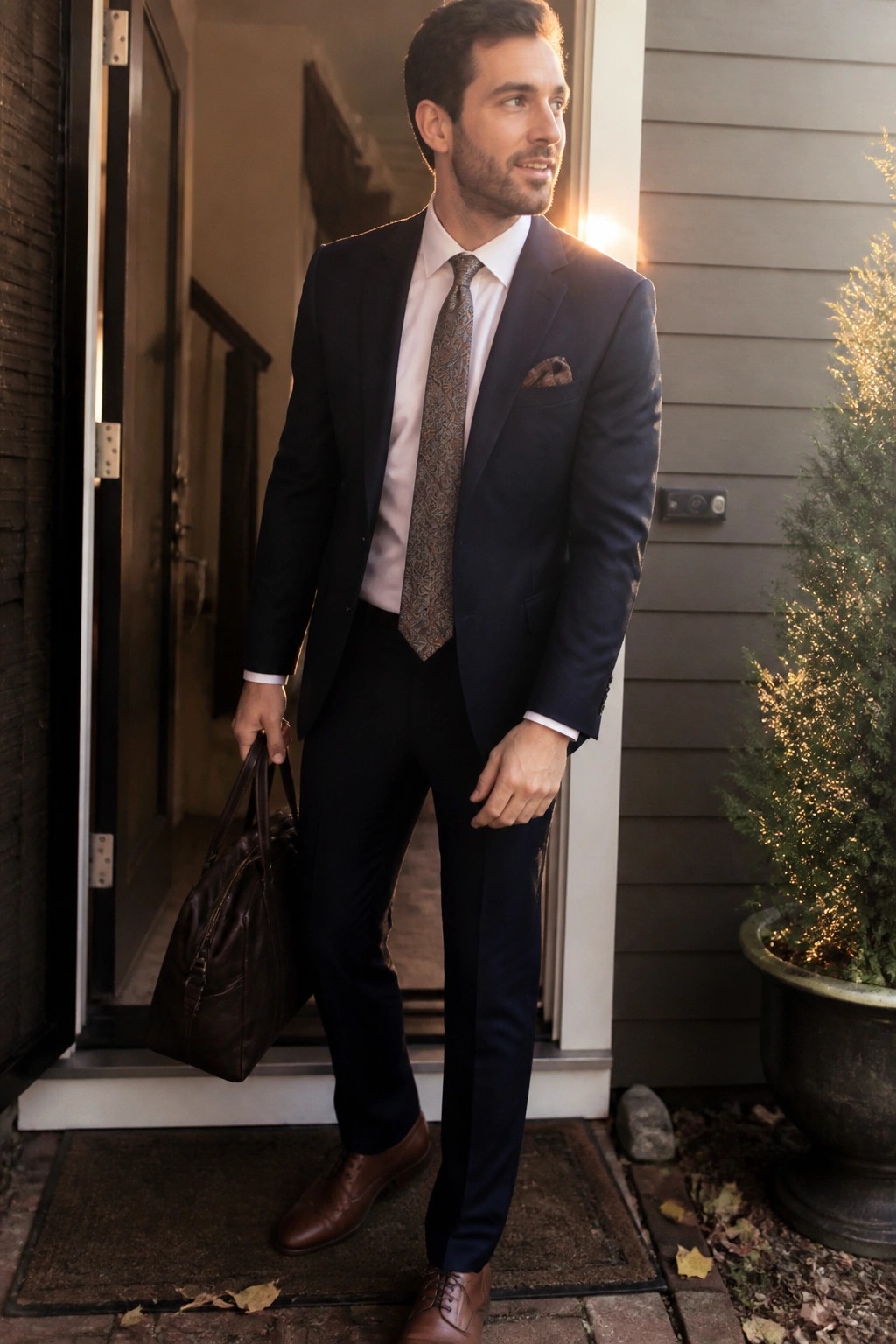 Man in navy suit with patterned tie holding leather bag in doorway