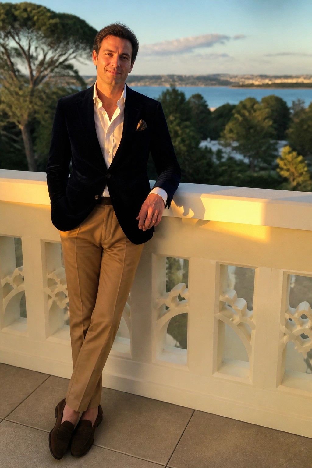 Man in navy velvet blazer and tan trousers leaning on balcony overlooking water.