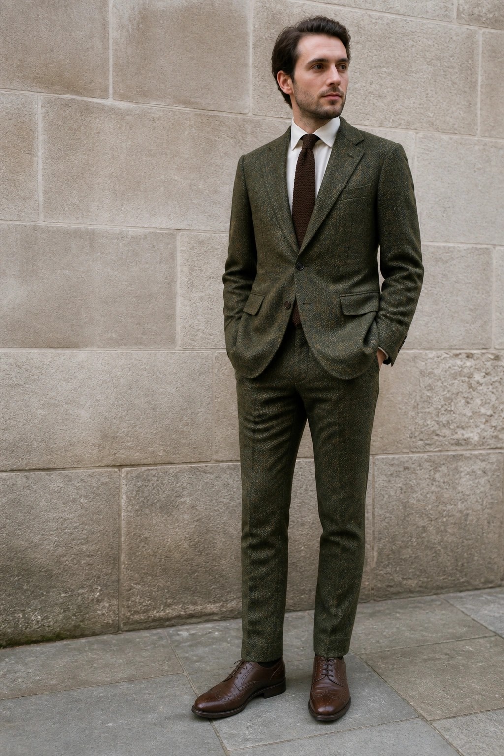 Man in green tweed suit with brown tie and brogues stands by stone wall