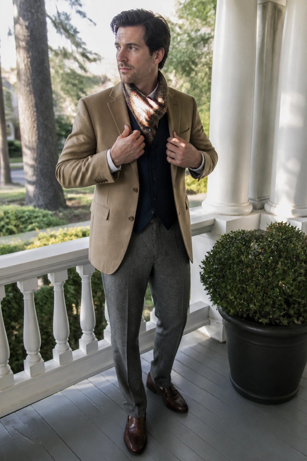 Man in tan blazer, navy vest, and patterned scarf adjusts jacket on porch.
