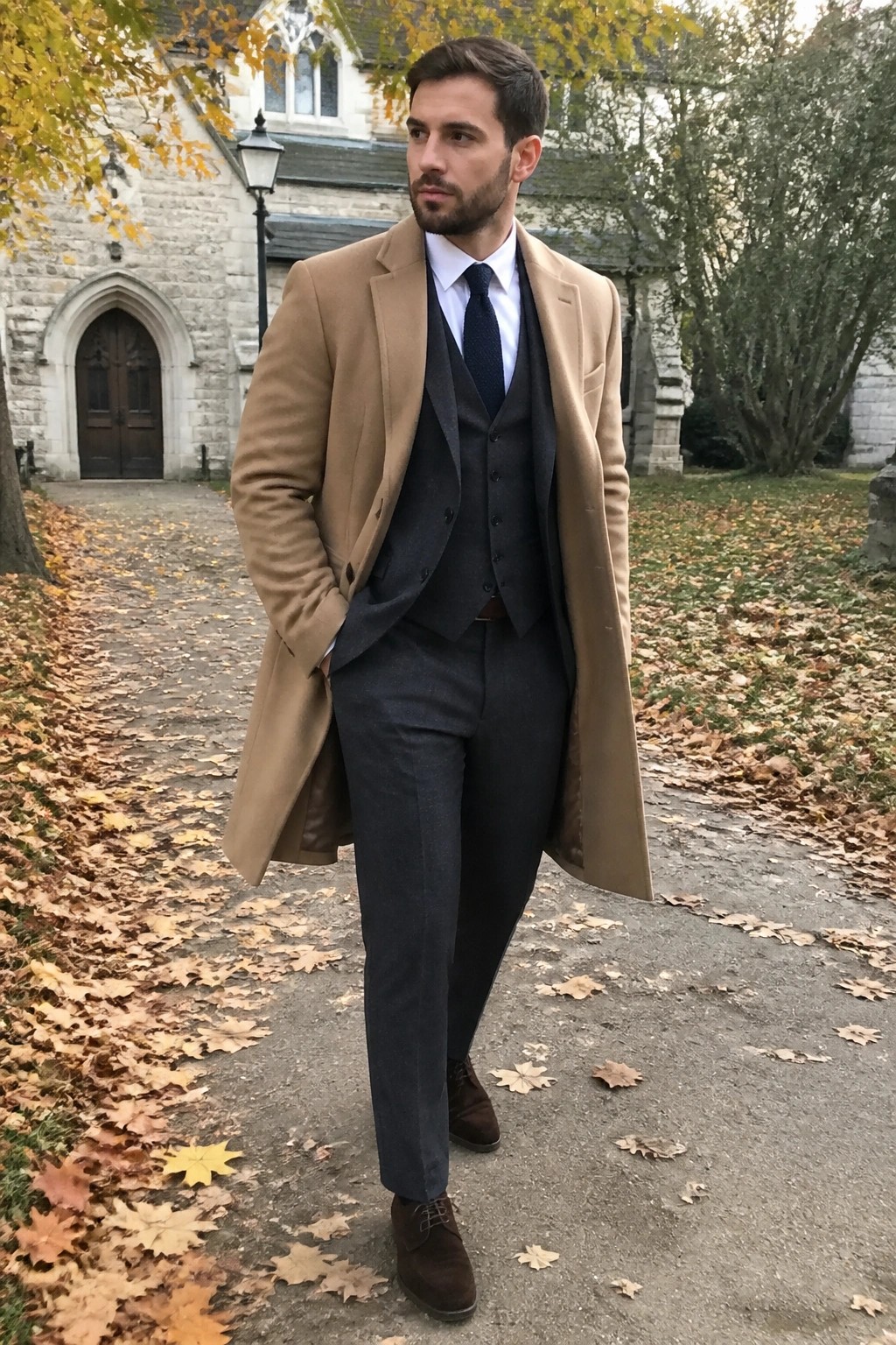 Man in tan overcoat and gray three-piece suit amid autumn leaves by stone building.