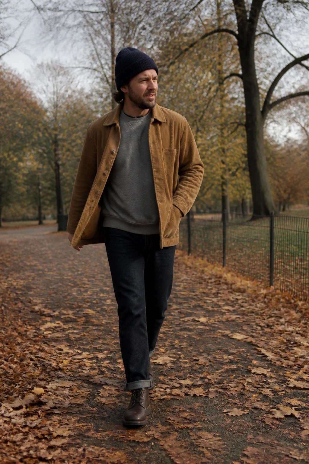Man in brown corduroy jacket and beanie walks on autumn leaf path