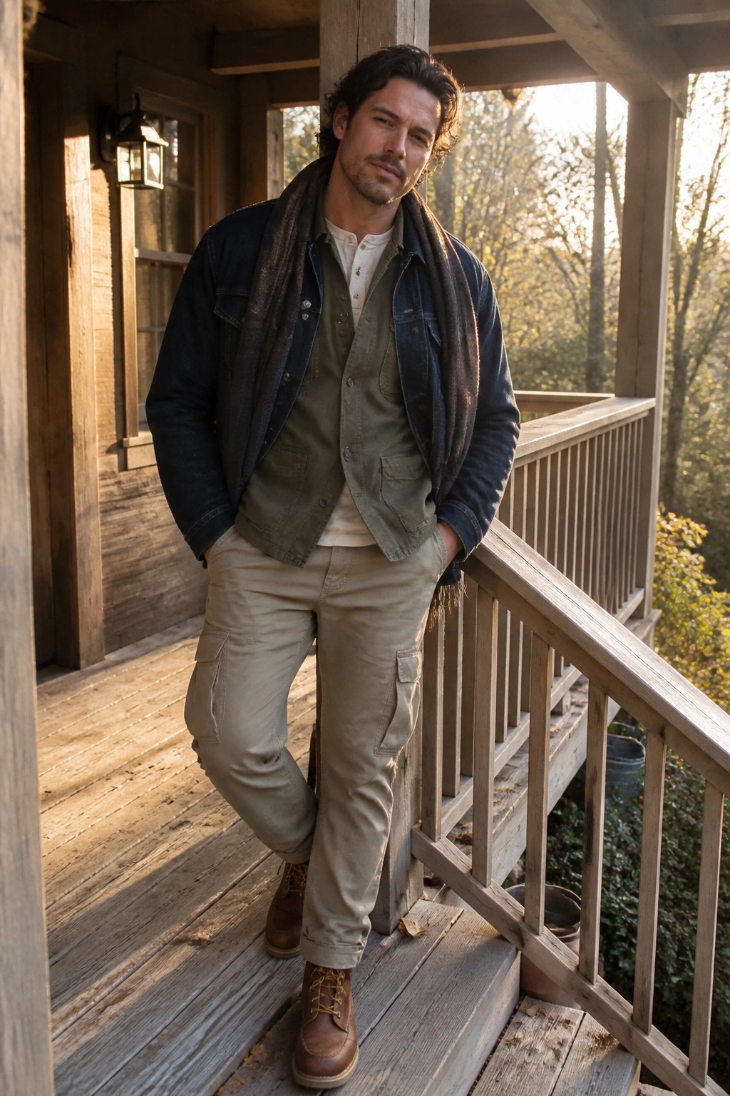Man in denim jacket and scarf leaning on wooden cabin porch railing