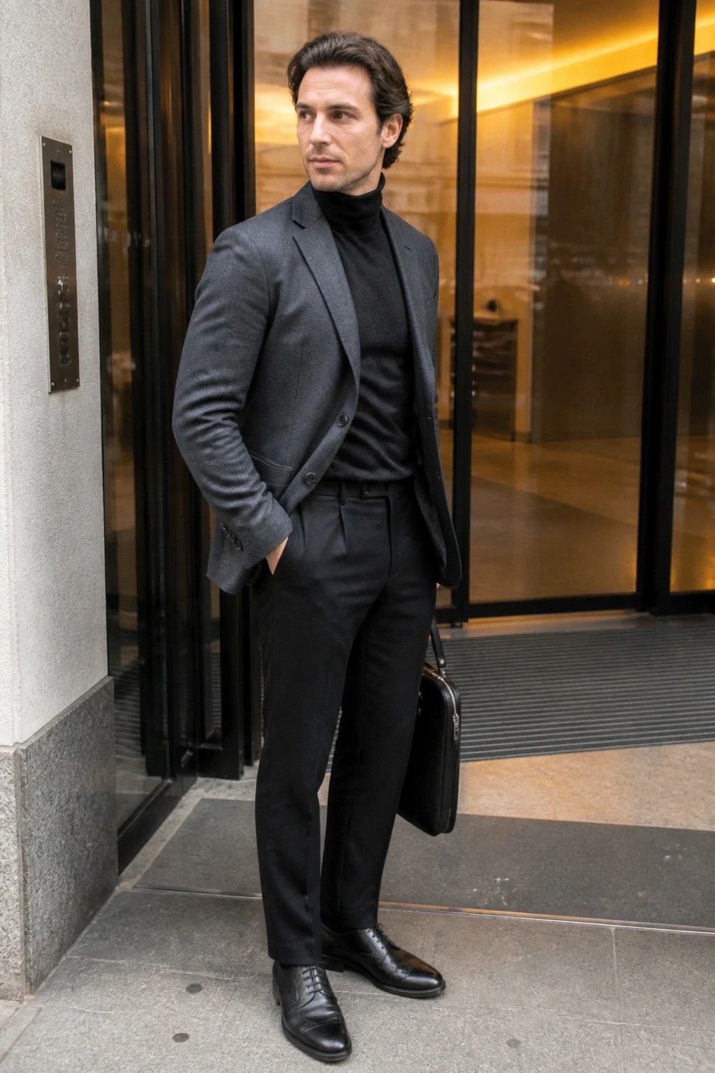 Man in gray blazer over black turtleneck holding briefcase outside building entrance