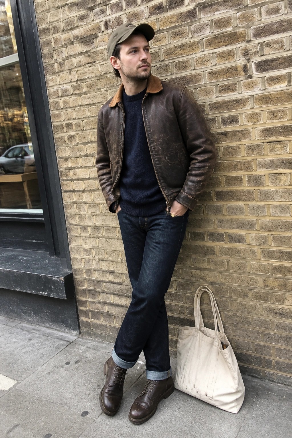Man in brown leather jacket and jeans leans against brick wall beside tote bag.