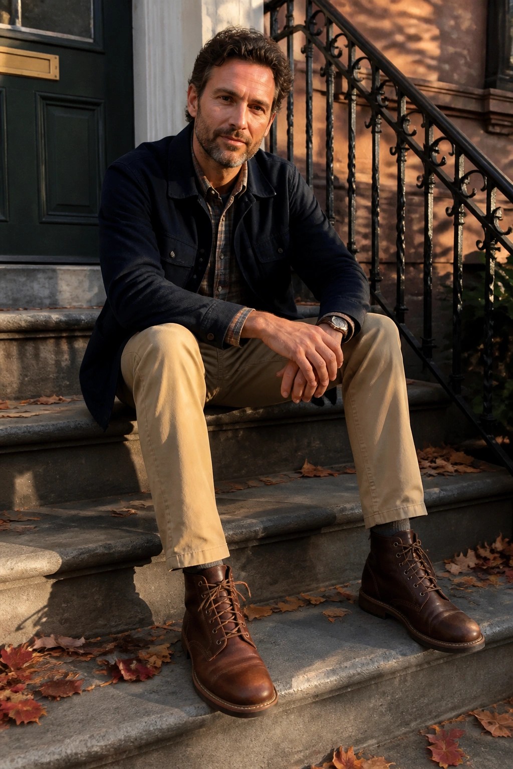 Man in navy jacket and khaki pants sits on autumn leaf-covered stone steps.