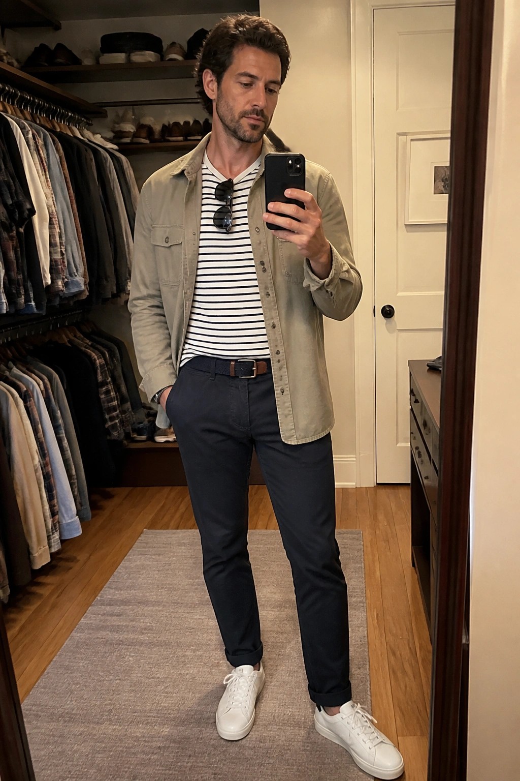 Man in striped tee and beige jacket taking mirror selfie in walk-in closet.