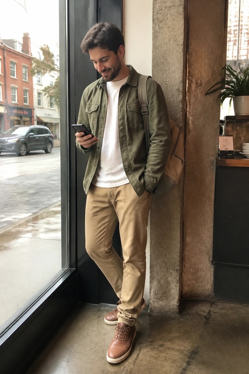 Man in green jacket and khaki pants checks phone by large window with backpack