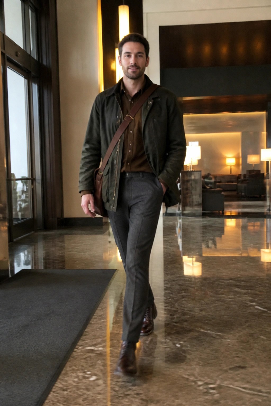 Man in green jacket and gray pants walks across reflective marble lobby floor