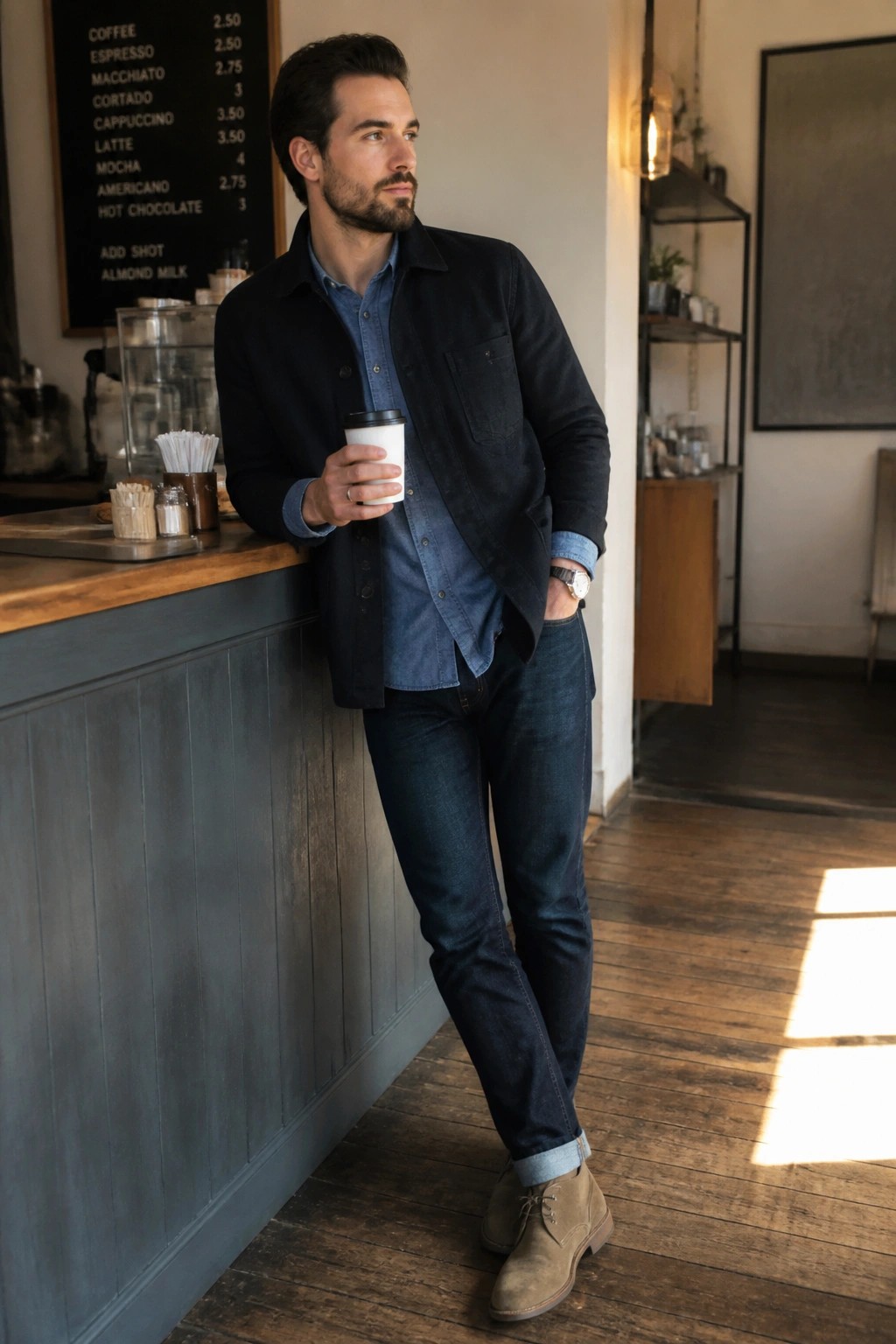 Man in blue shirt and dark jacket holding coffee in cafe