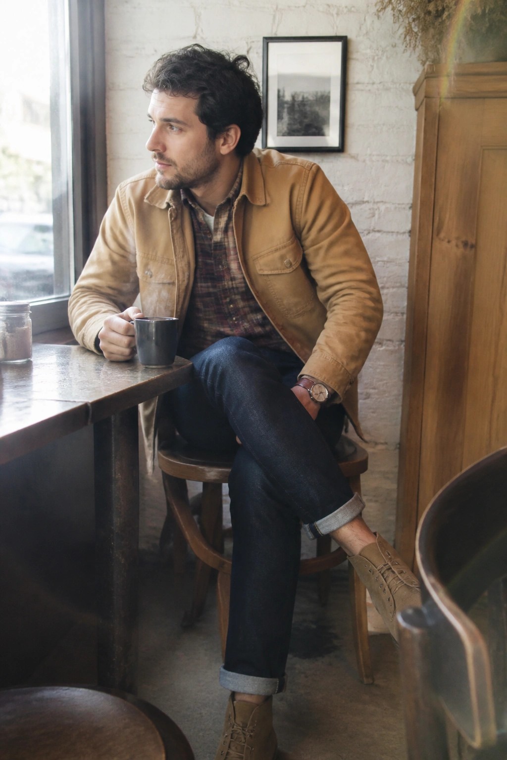 Man in tan jacket and jeans holds coffee mug at cafe table by window
