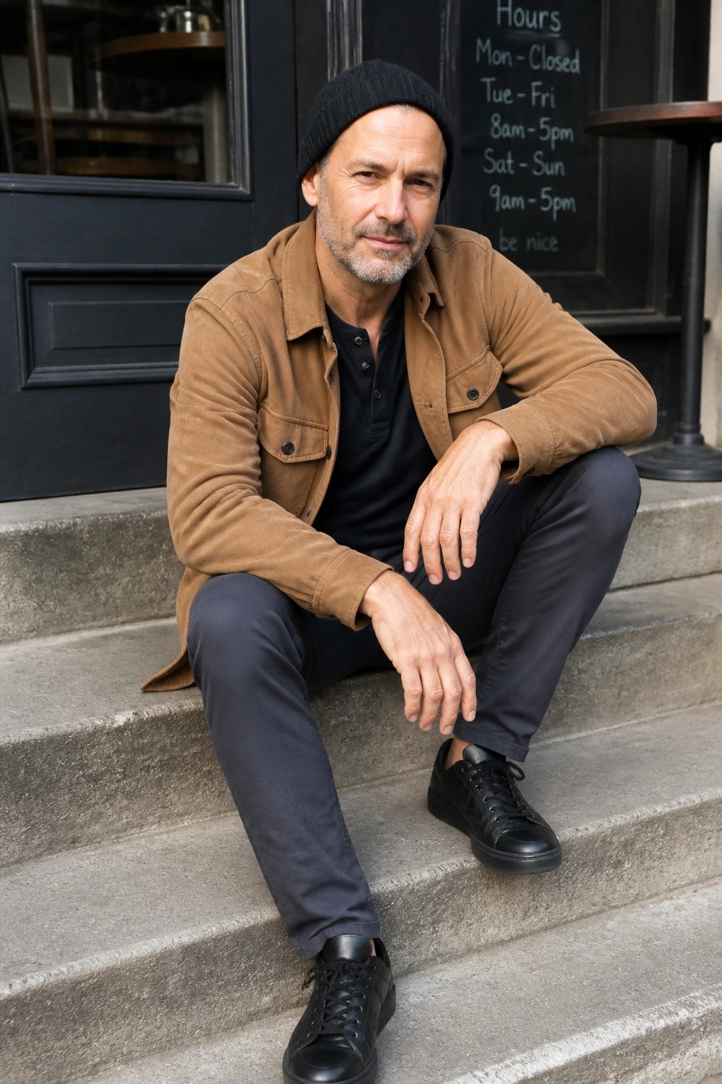 Man in brown jacket and black beanie seated on stone steps outside shop.