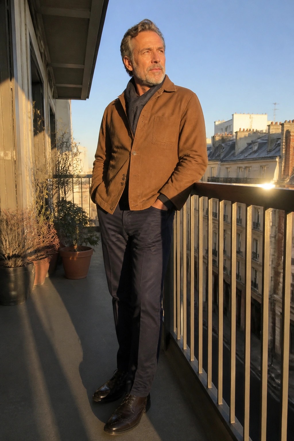 Man in brown suede jacket stands on sunny balcony overlooking city rooftops.
