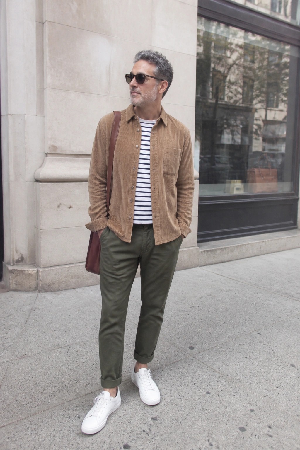 Gray-haired man in brown corduroy shirt, striped tee, green pants, white sneakers