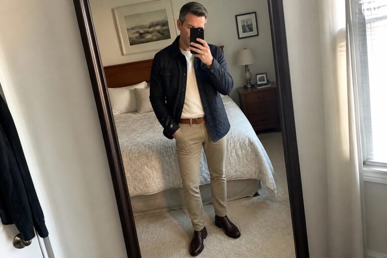 19 Smart Men’s Fall Casual Outfits for Men Over 40 With Chinos and Overshirts Man in navy quilted jacket, cream sweater, and khaki pants taking mirror selfie in bedroom