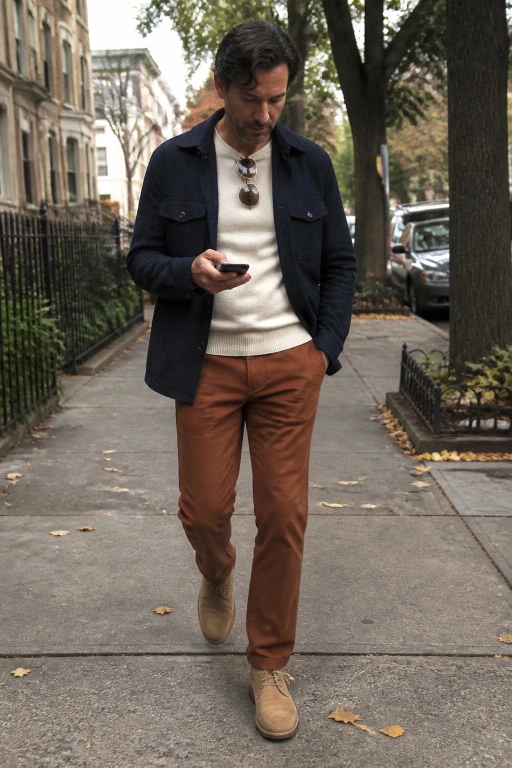 Man in navy jacket over cream sweater and rust pants checks phone on sidewalk