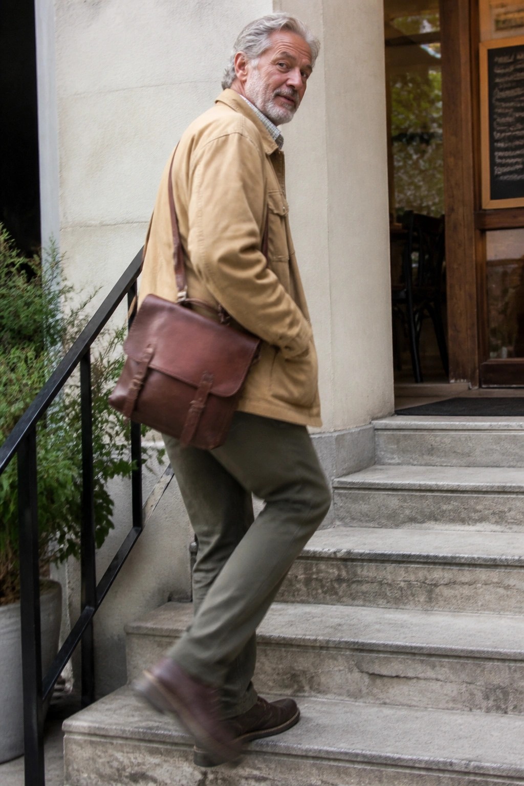 Silver-haired man in tan jacket descending stone steps with brown leather bag