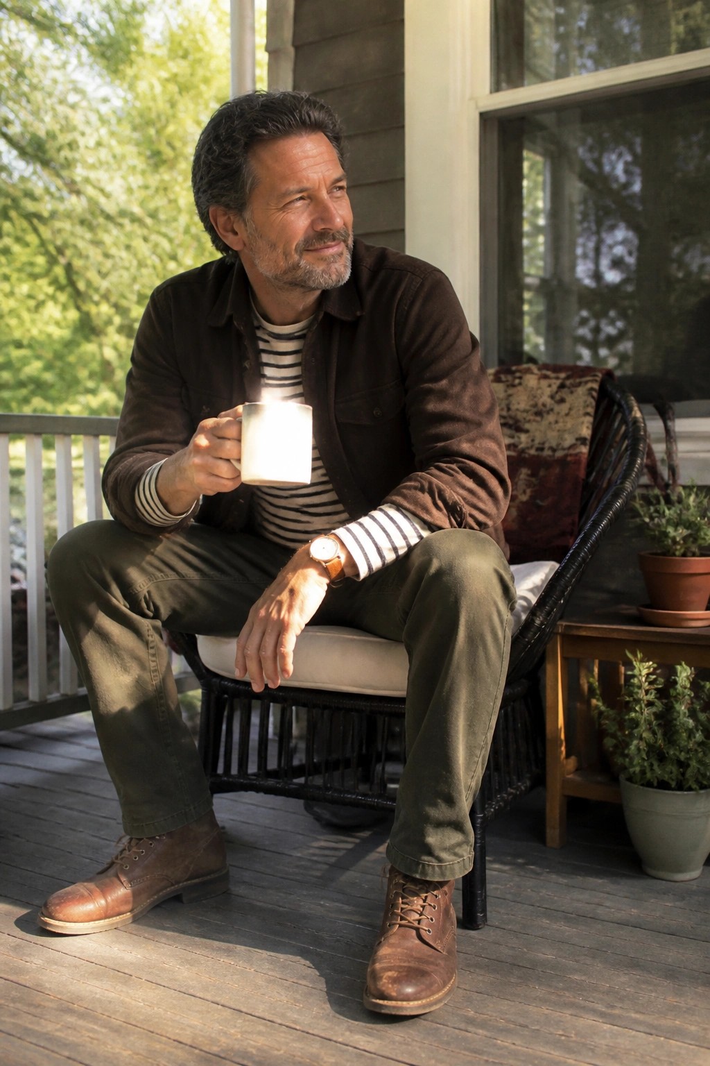 Man seated on porch wearing brown overshirt over striped long sleeve shirt with green chinos and brown boots while holding a white mug.