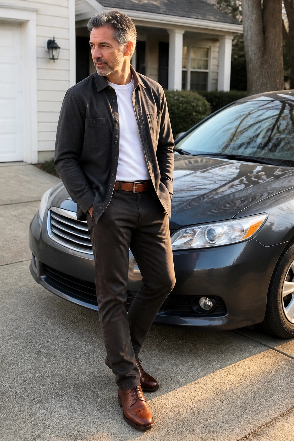 Man wearing a dark overshirt open over a white t-shirt with dark chinos, brown belt, and brown brogue shoes standing beside a gray sedan