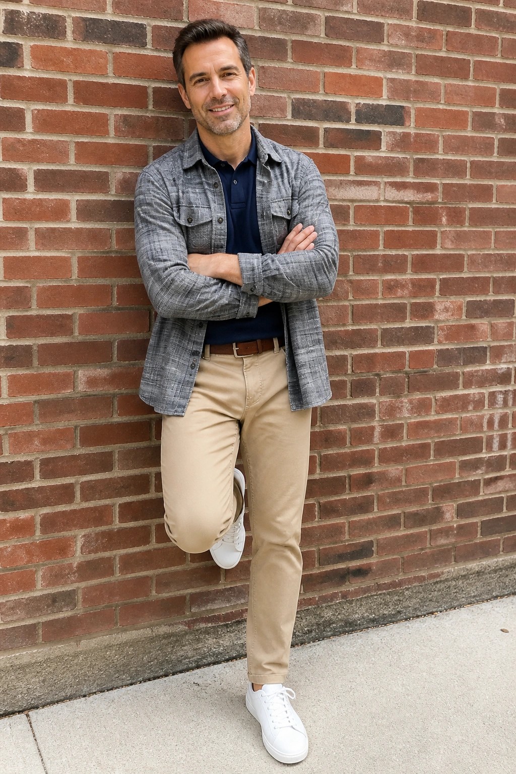 Man in gray plaid shirt and khaki pants leans against brick wall arms crossed.