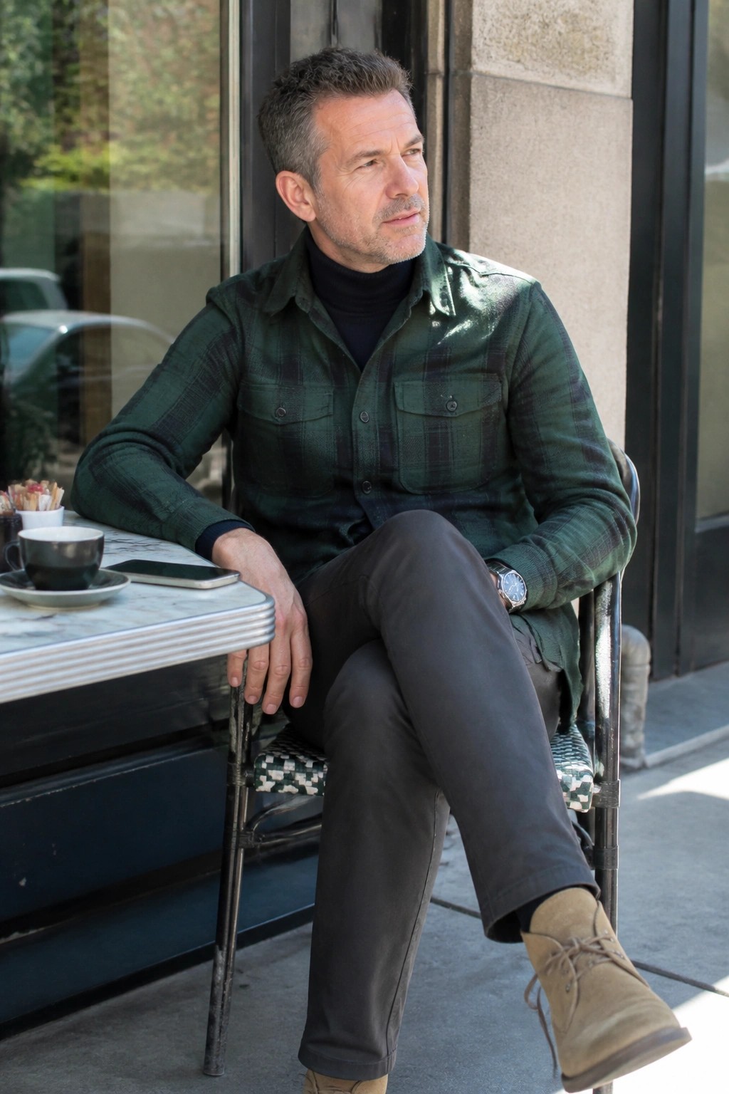 Man in green plaid shirt seated at outdoor cafe table with coffee and phone.