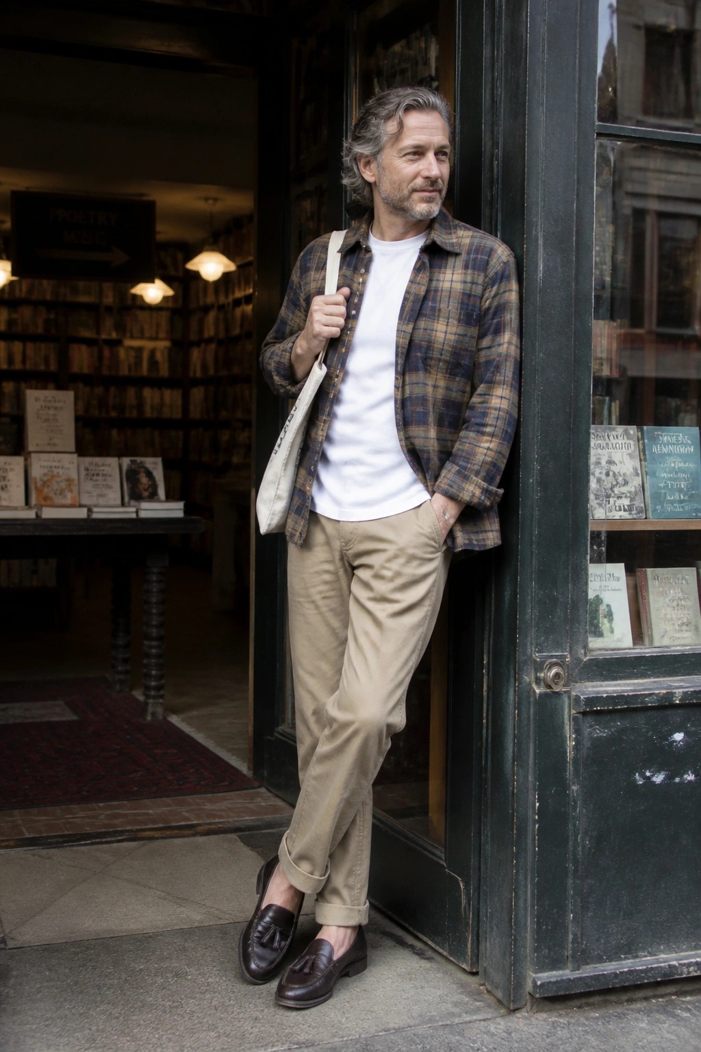 Gray-haired man in plaid shirt and khaki pants holds tote bag in bookstore doorway