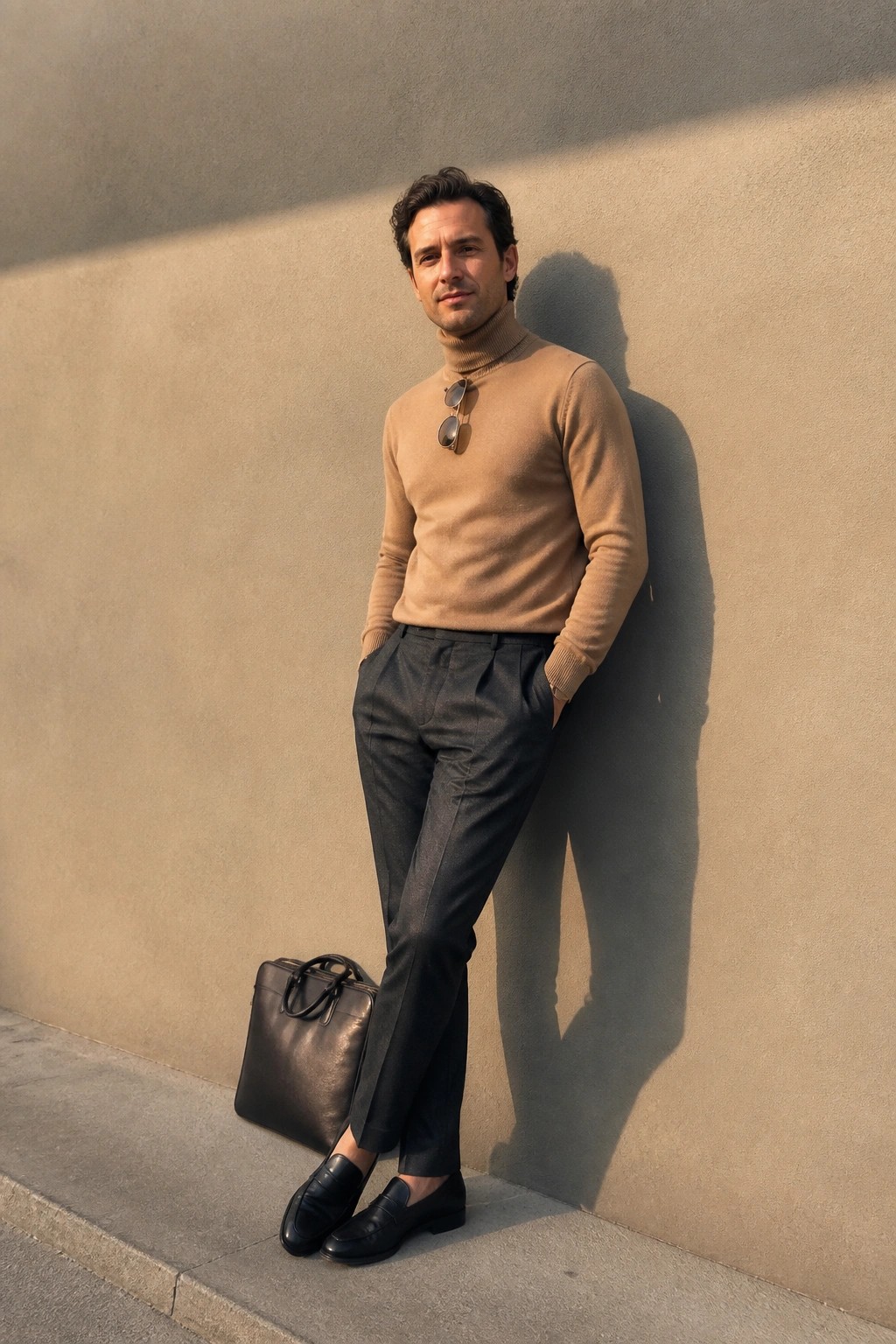 Man in tan turtleneck with sunglasses leans against wall beside brown leather bag
