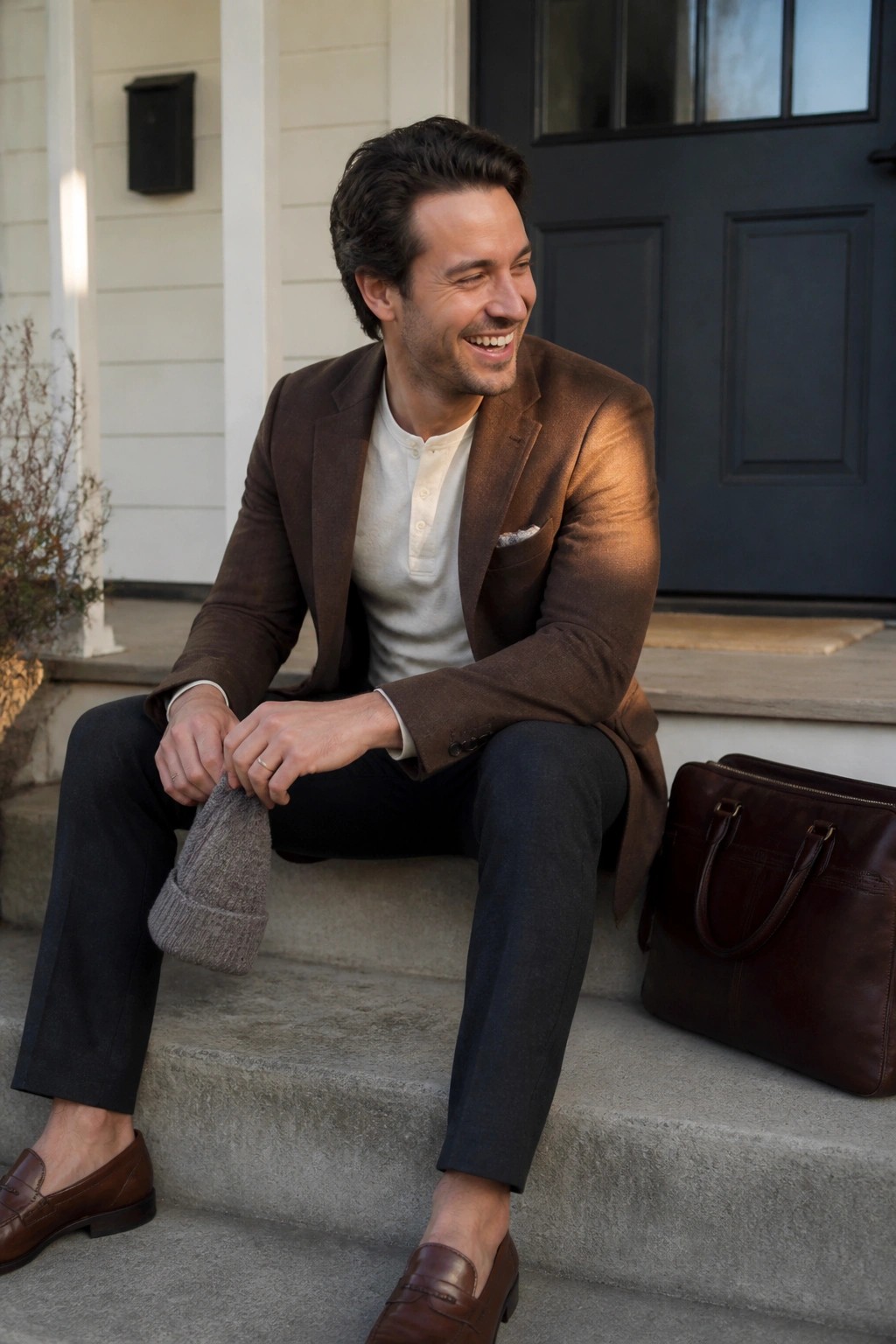 Man seated on steps wearing brown textured blazer over cream henley with dark wool trousers and brown leather loafers while holding a gray knit beanie next to a brown leather bag.