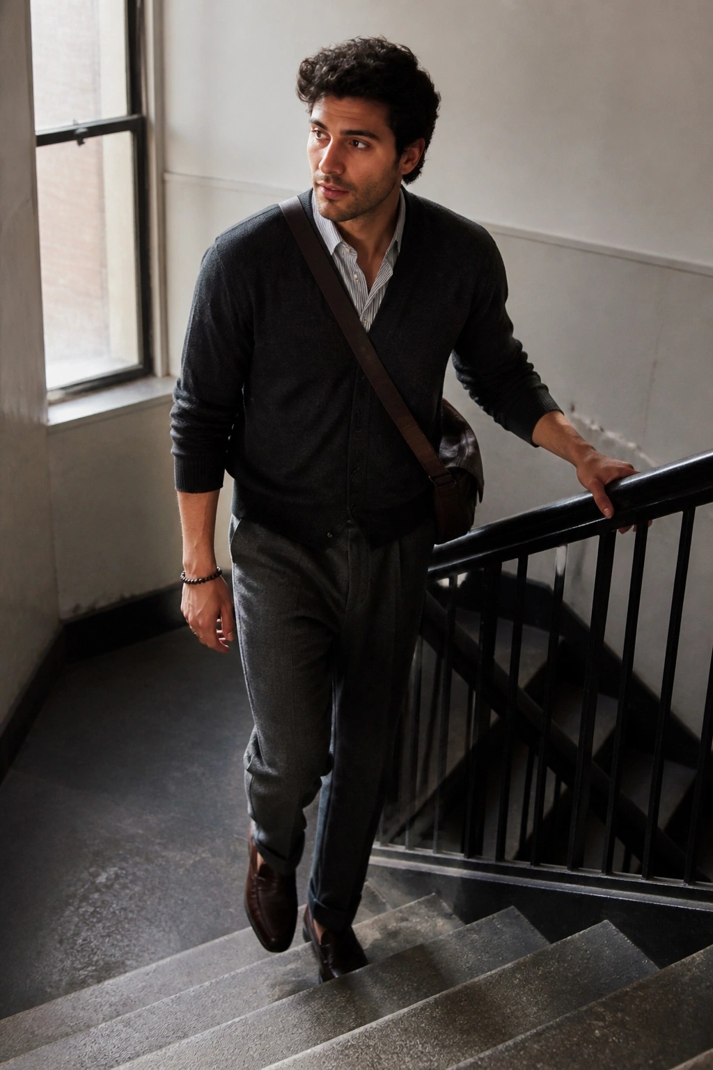 Man in gray cardigan descending stairs with brown leather crossbody bag.