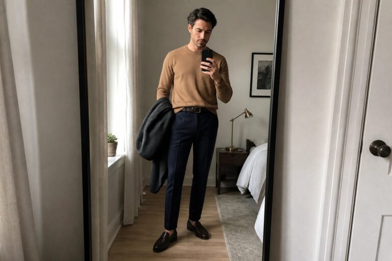 19 Smart Men’s Fall Semi Formal Outfits With Loafers and Wool Trousers Bearded man in beige sweater and navy pants holds phone and gray coat in mirror.