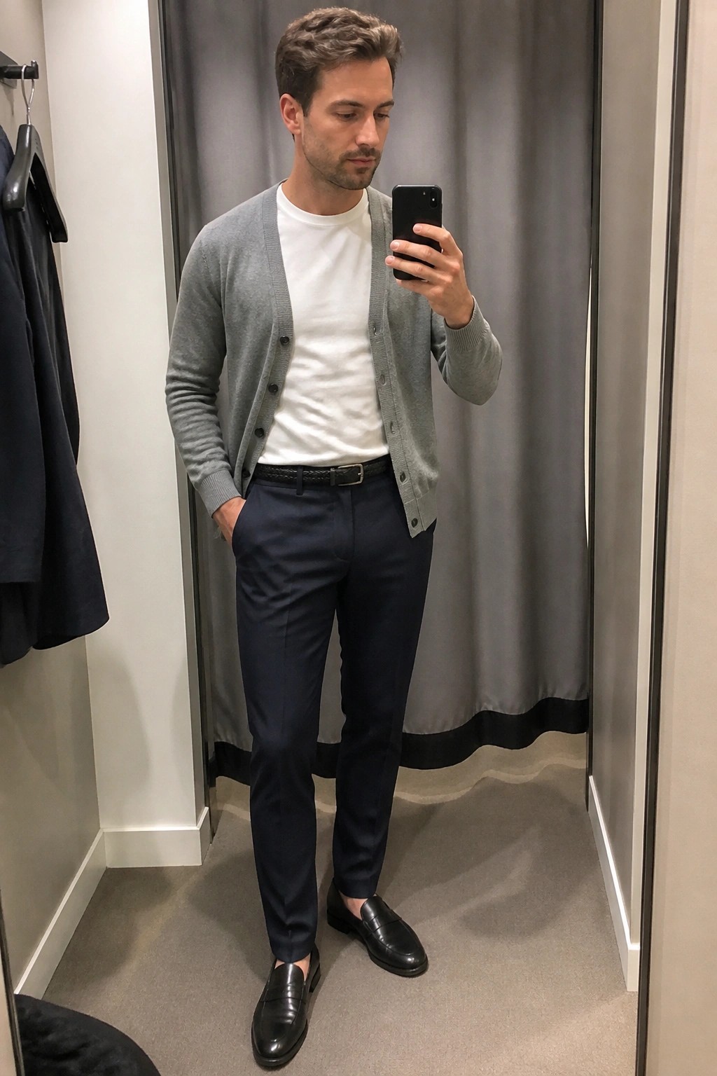 Man in gray cardigan and navy pants taking mirror selfie in fitting room