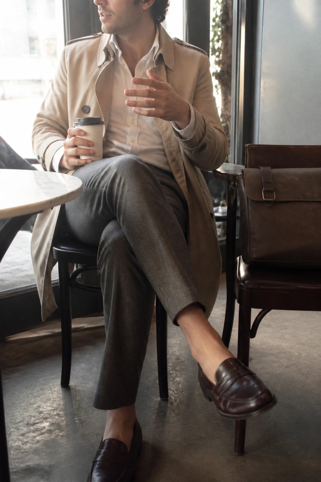 Man in beige trench coat holds coffee beside brown leather bag in cafe.