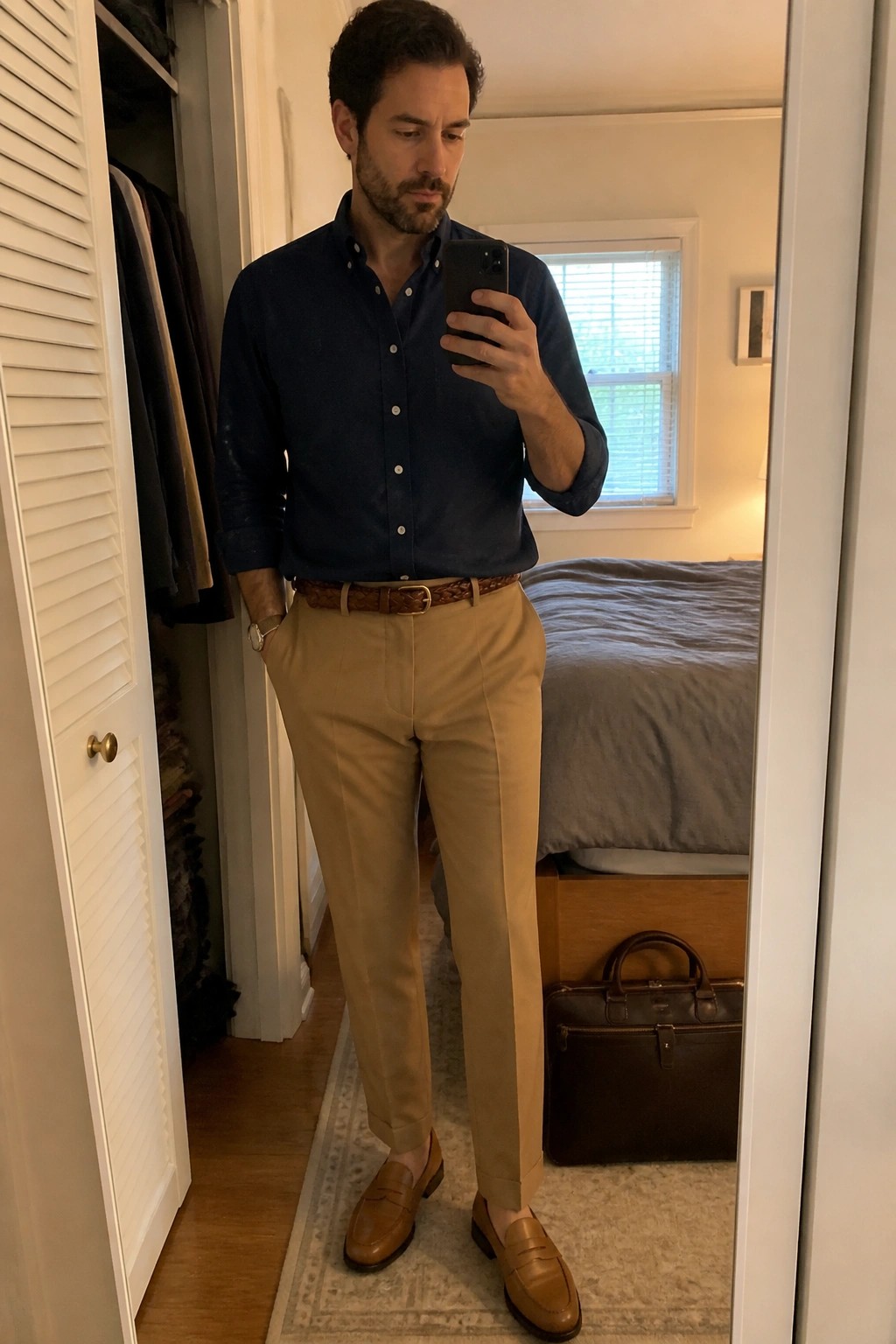 Man in navy shirt and tan pants taking mirror selfie in bedroom