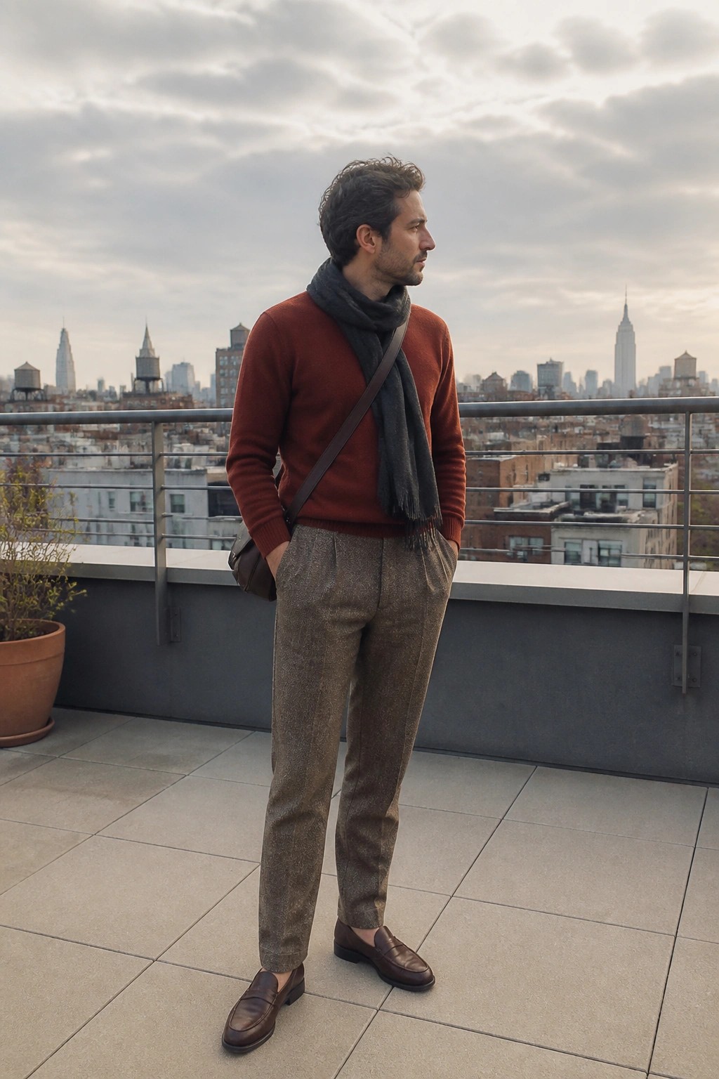 Man in rust sweater and tweed pants on rooftop overlooking city skyline