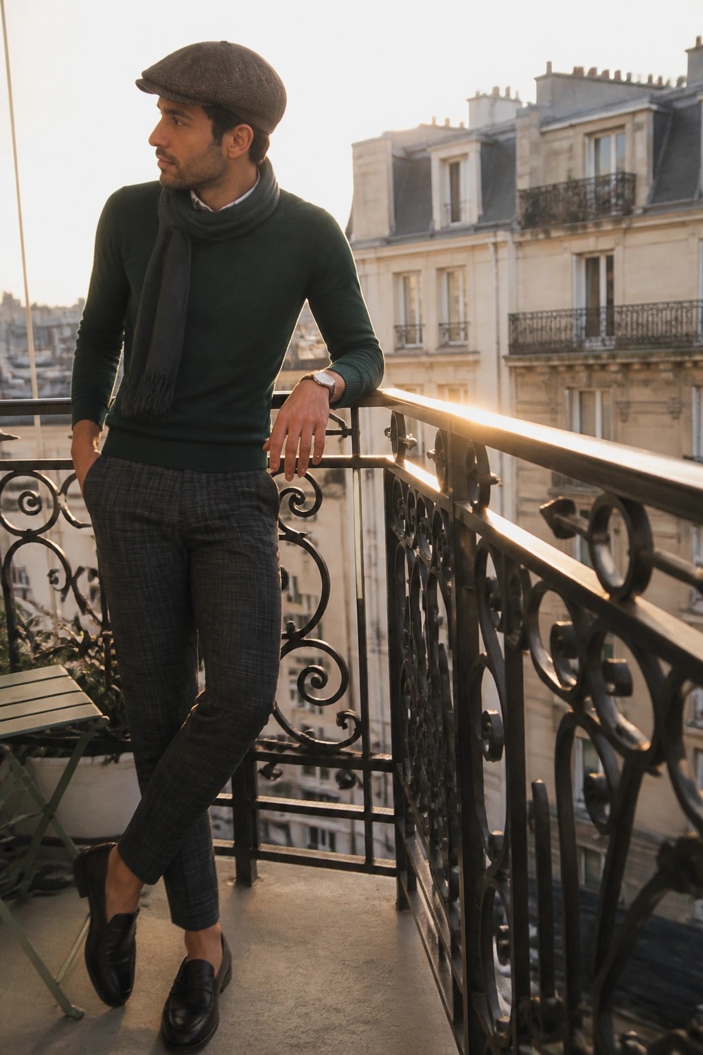 Man in green sweater, flat cap, and scarf leaning on ornate balcony railing