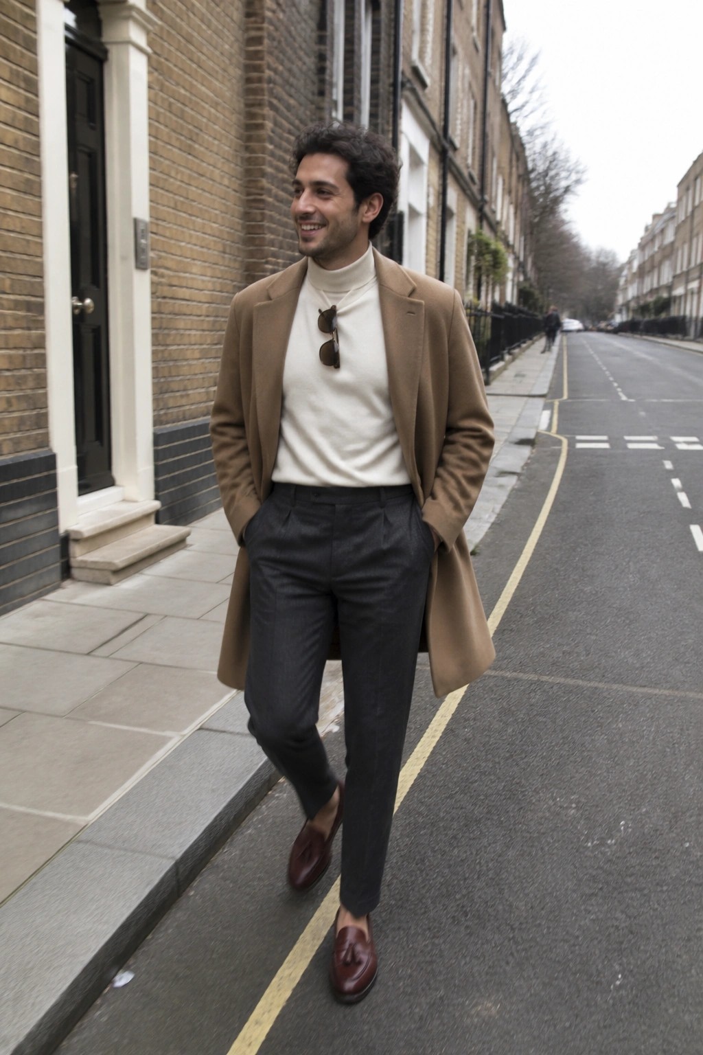 Smiling man in camel coat over white turtleneck on urban street with gray trousers.