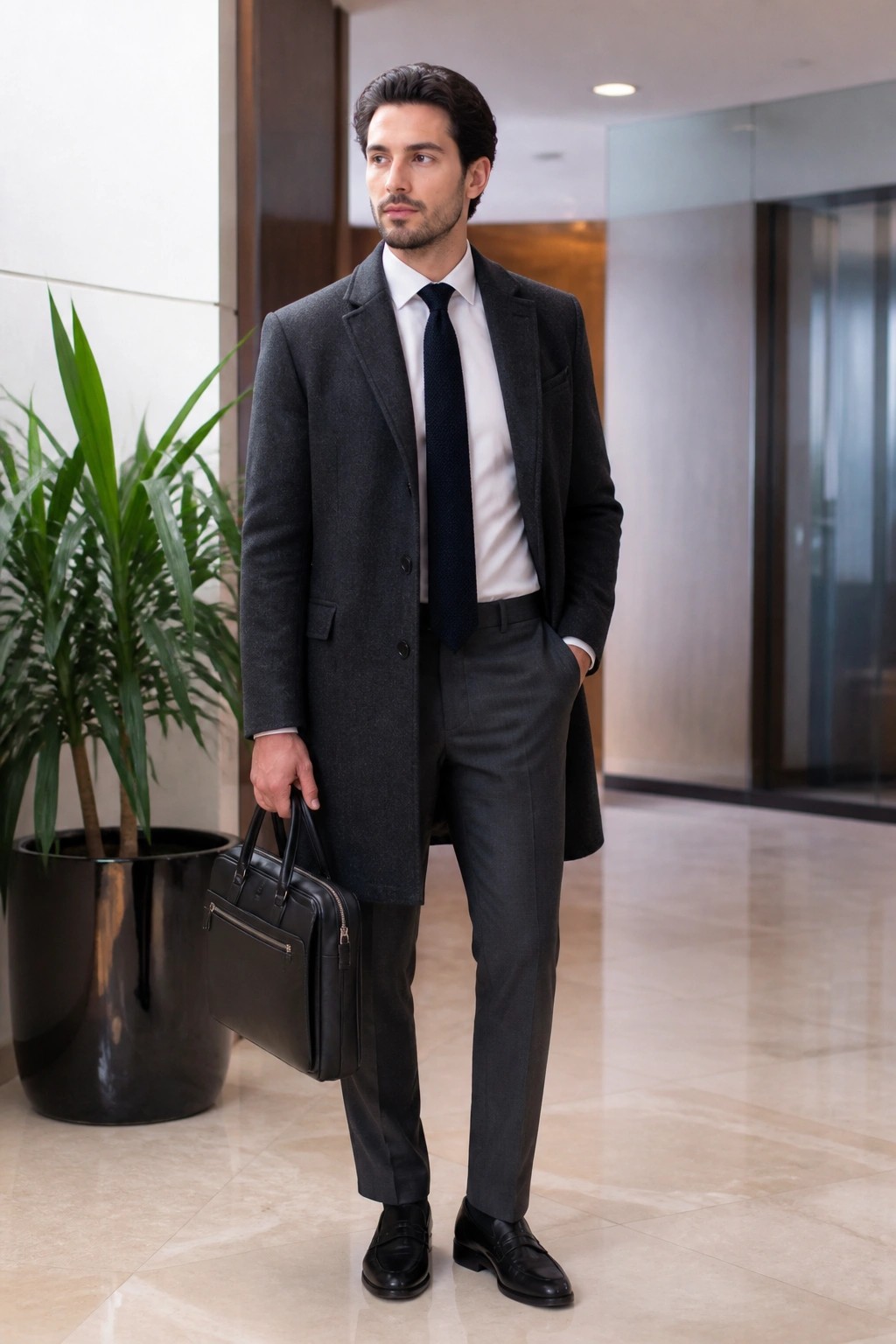 Man in dark gray overcoat over suit holding black briefcase in modern lobby