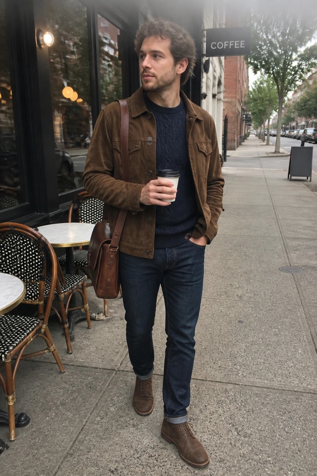 Man in brown suede jacket and blue sweater holding coffee on sidewalk