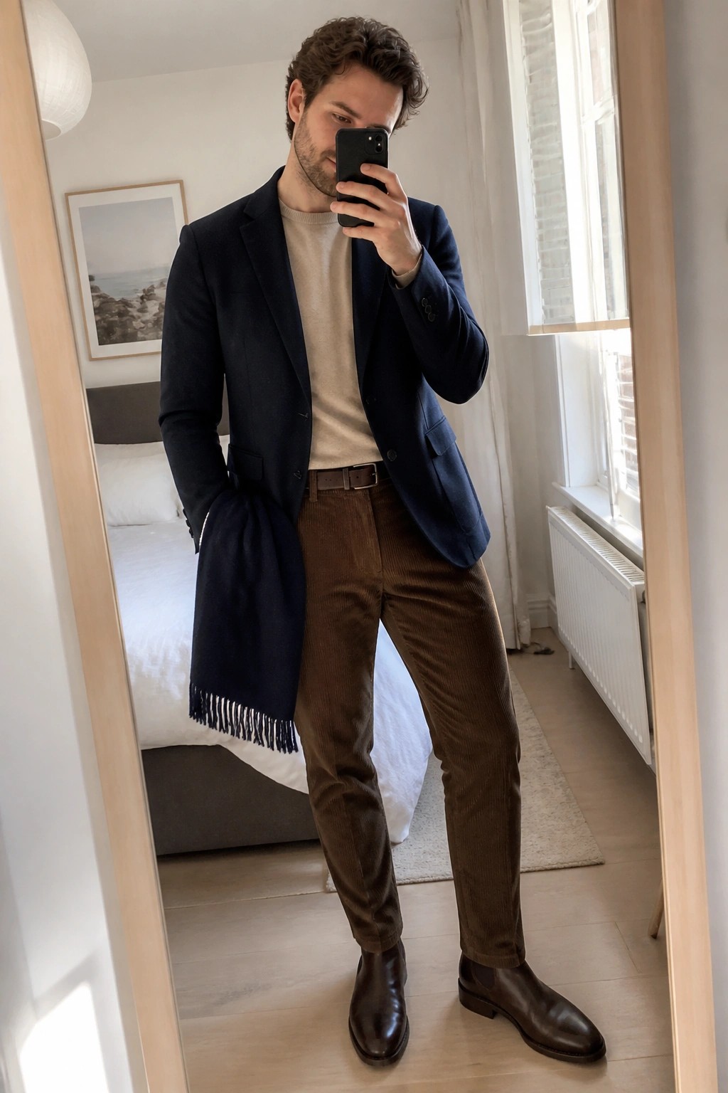 Man in navy blazer, beige sweater, brown corduroy pants and blue scarf taking mirror selfie.