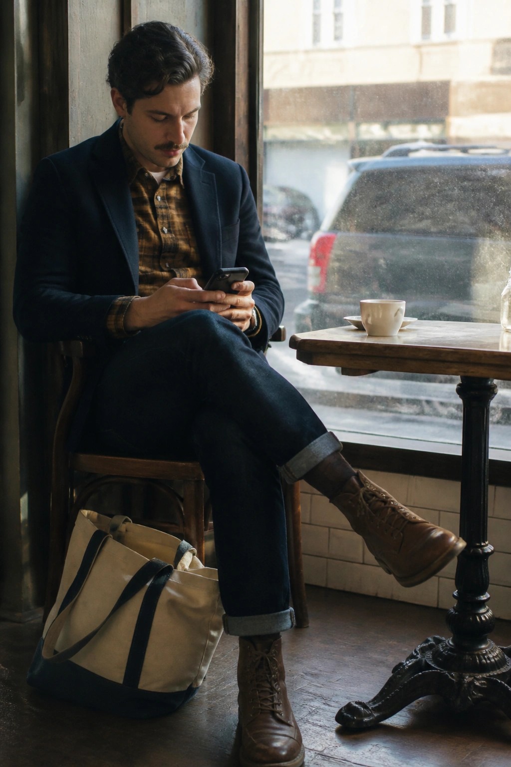 Man in navy blazer and plaid shirt checks phone beside canvas tote at cafe window.