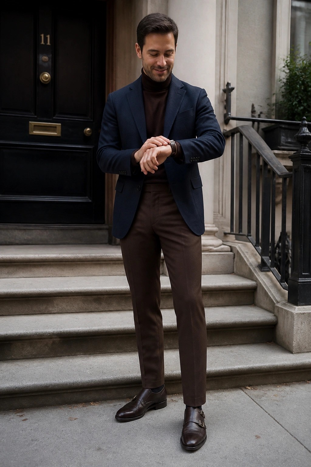 Man wearing navy blazer over brown turtleneck with brown trousers and double monk strap shoes in brown leather.