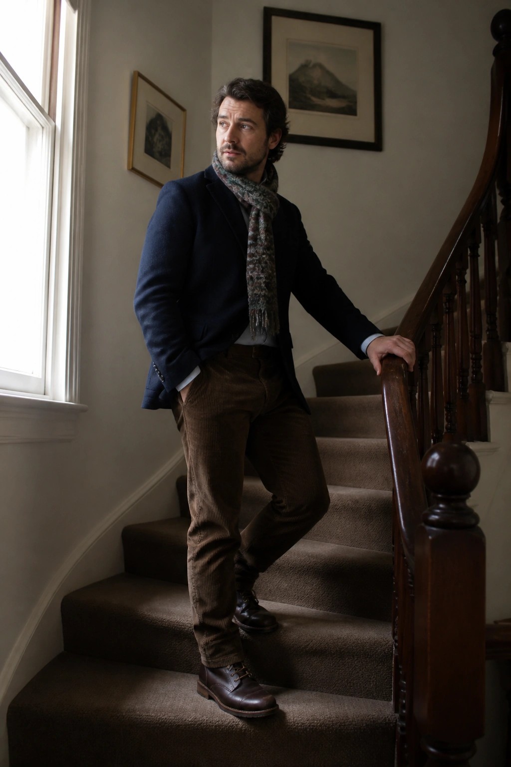 Man in navy blazer and scarf stands on carpeted staircase by wooden railing