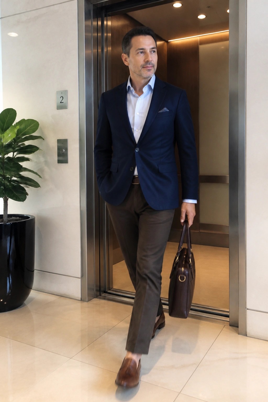 Man in navy blazer and brown pants exiting elevator with leather briefcase