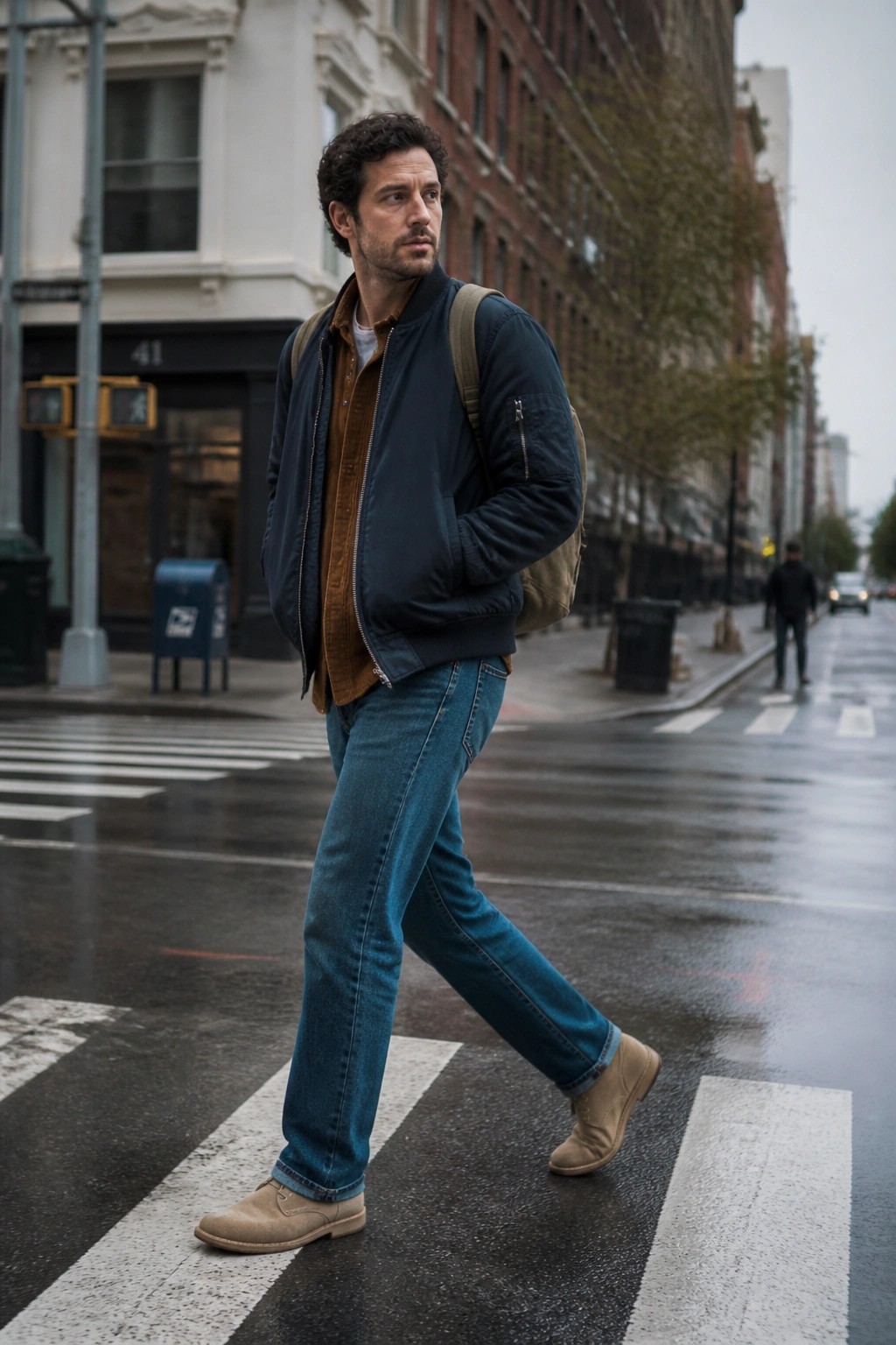 Man in navy bomber jacket layered over brown shirt with blue jeans and beige boots crossing a city street