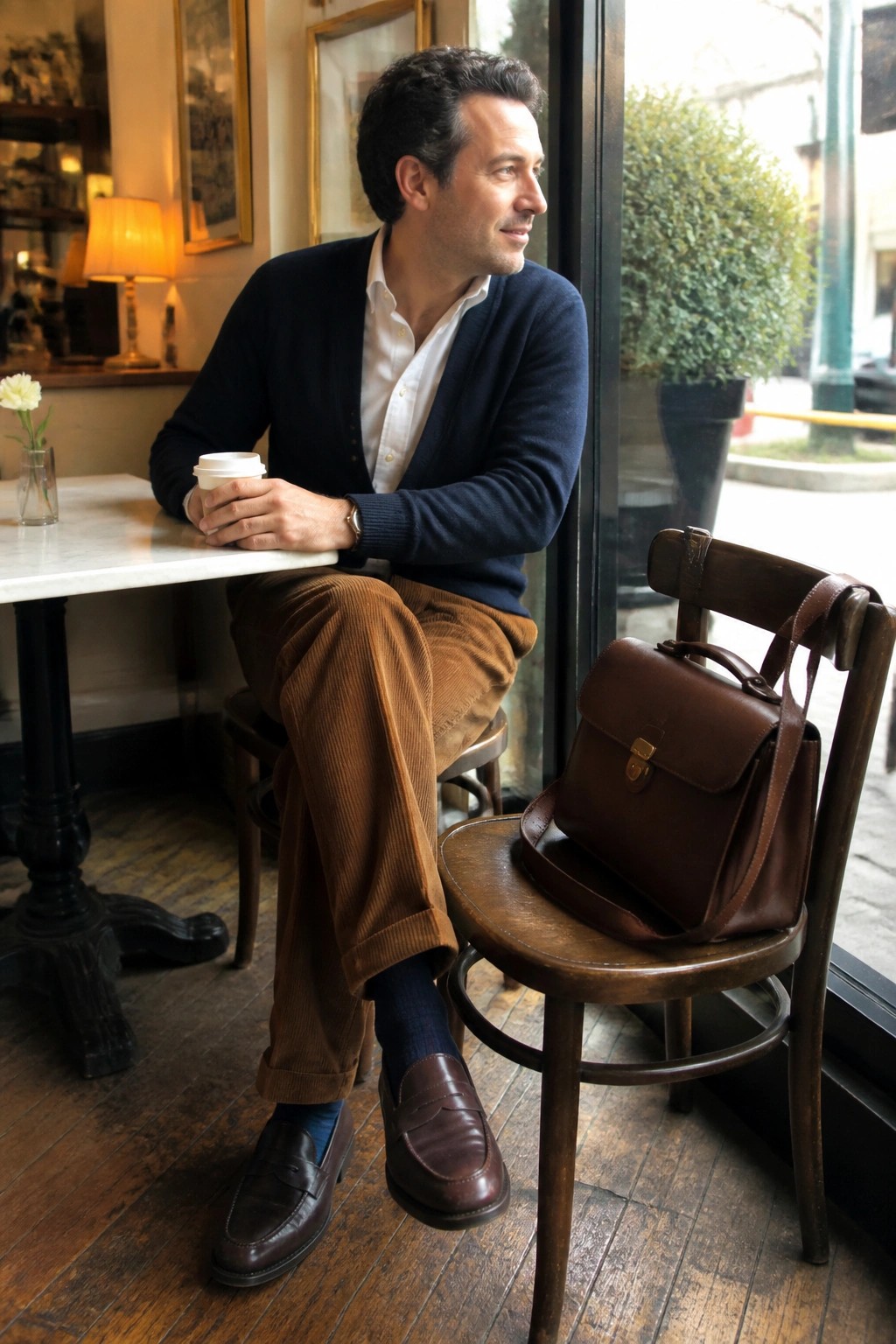 Man in navy cardigan and brown corduroys sits in cafe beside leather briefcase.